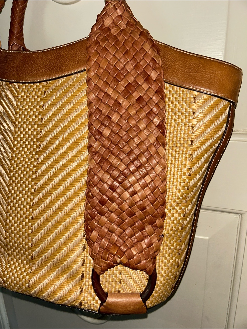 COLE HAAN Woven Straw LG Tote Bag with Braided Leather Handles - Brown & Natural - Picture 2 of 5